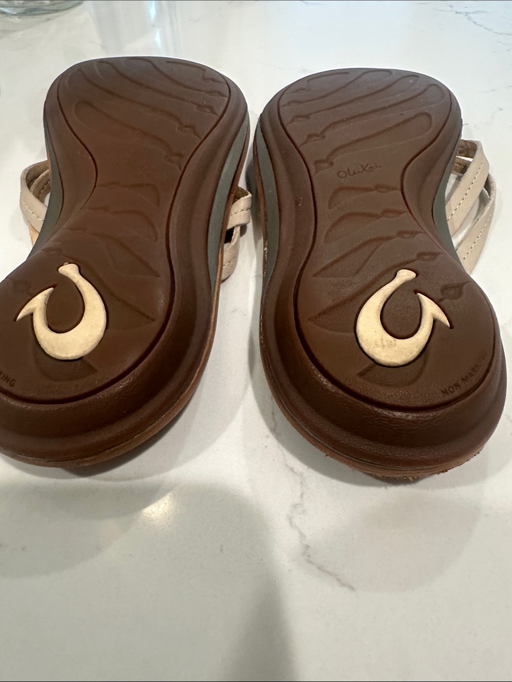 OluKai Women's Brown Leather Sandals with Cream Straps - Picture 6 of 7